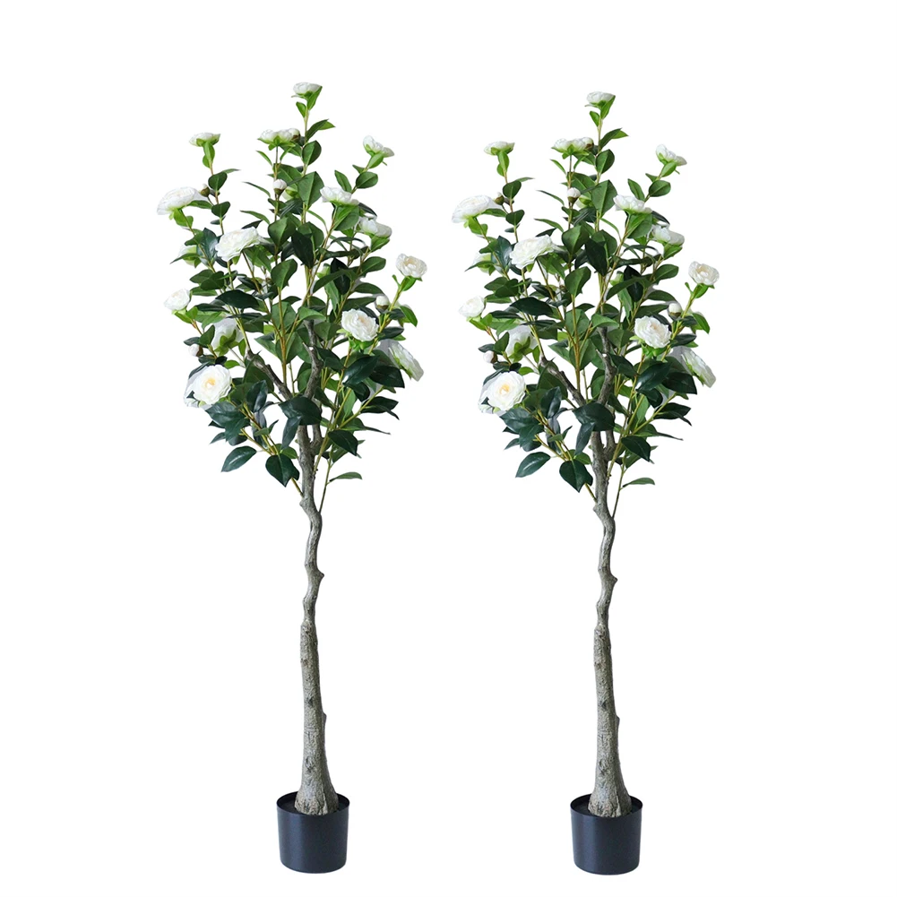 2pcs Artificial Camellia Tree,  Camellia Plant With Realistic Trunk Leaves Flowers And Planter, Potted Tree For Home Decor