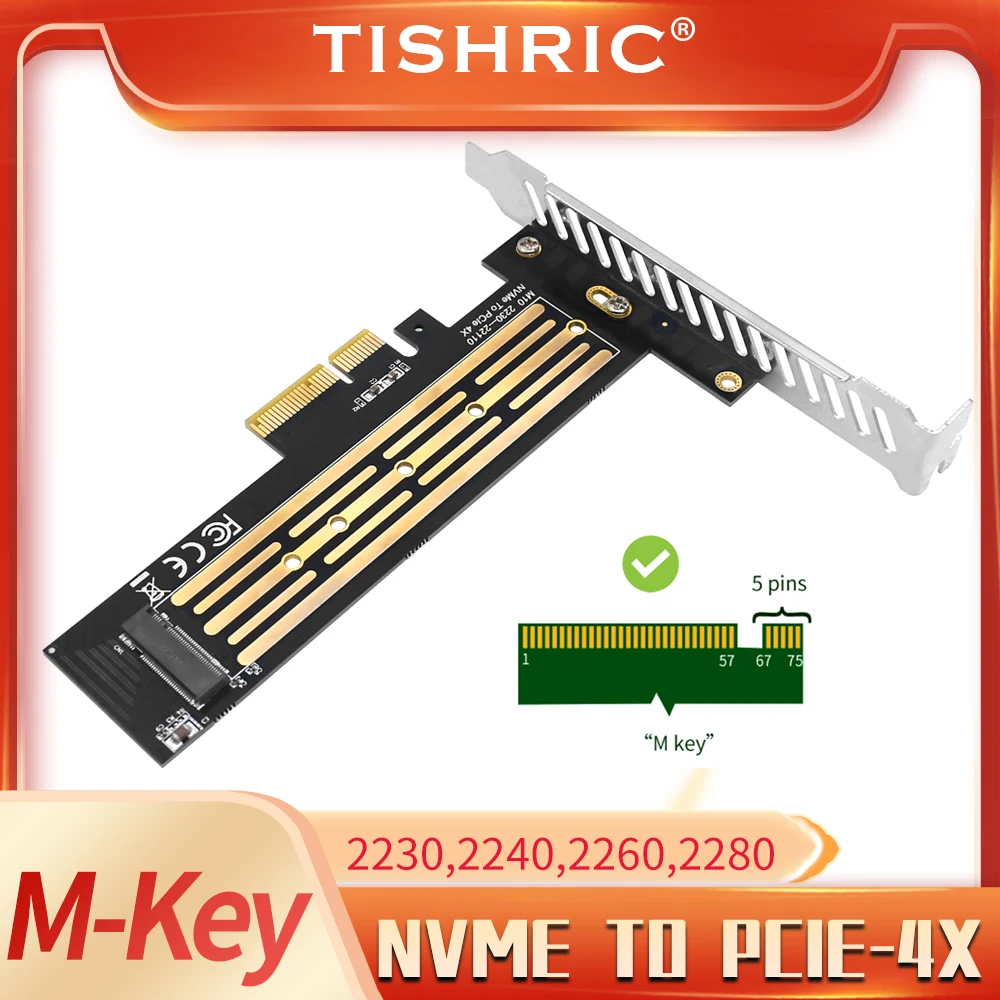 TISHRIC M10 NVME to PCI-E 4X Single Disk Adapter Card 64Gbps M-key Pcle 4x Expansion Card for Desktop PC 2230/2242/2260/2280