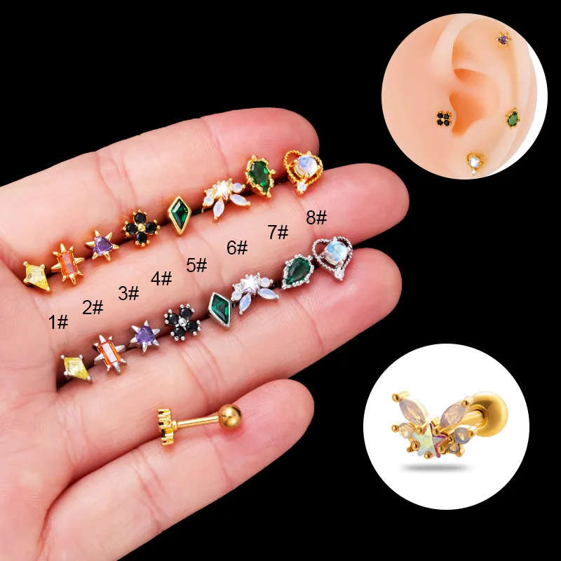 

1pc Women's Earrings 16G Stainless Steel Screw Ball Color Zircon Cochlear Nails Cartilage Stud Earrings for Teens