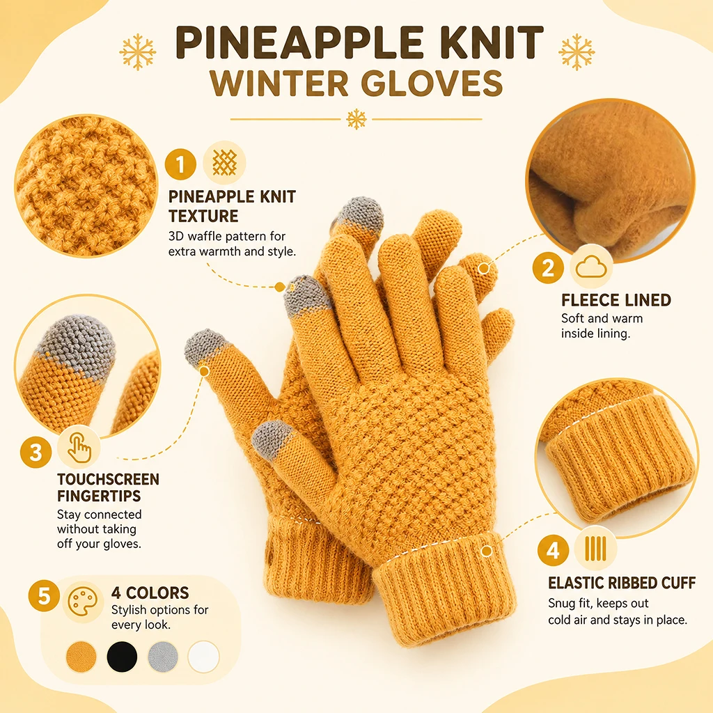 Men Women Winter Warm Gloves Pineapple Texture Fleece Lined Full Finger Knitted Touchscreen Gloves for Cycling Run Daily Commute