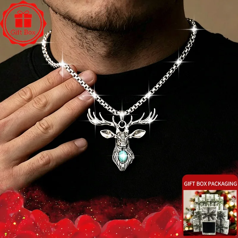 Vintage Stag Deer Head Pendant Necklace Men Women Stainless Steel Box Chain Simulated Turquoise Elk Horn Punk Boho Jewelry Gift