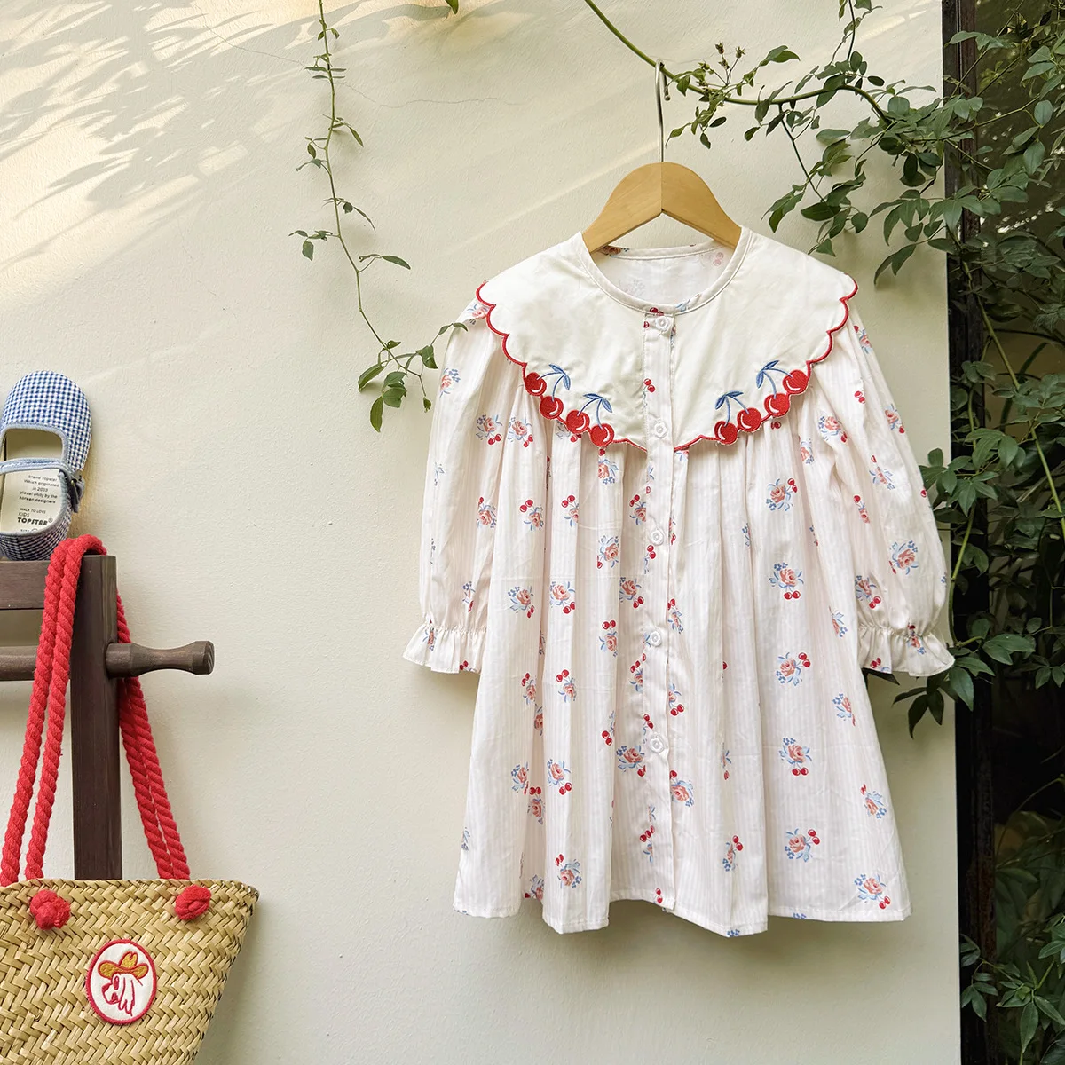 

Korean Girls' Dress - Cherry Fruit Embroidery Stripe Collar Gown, Fashion Long Sleeve Shirt Dress for Autumn Kids Dress