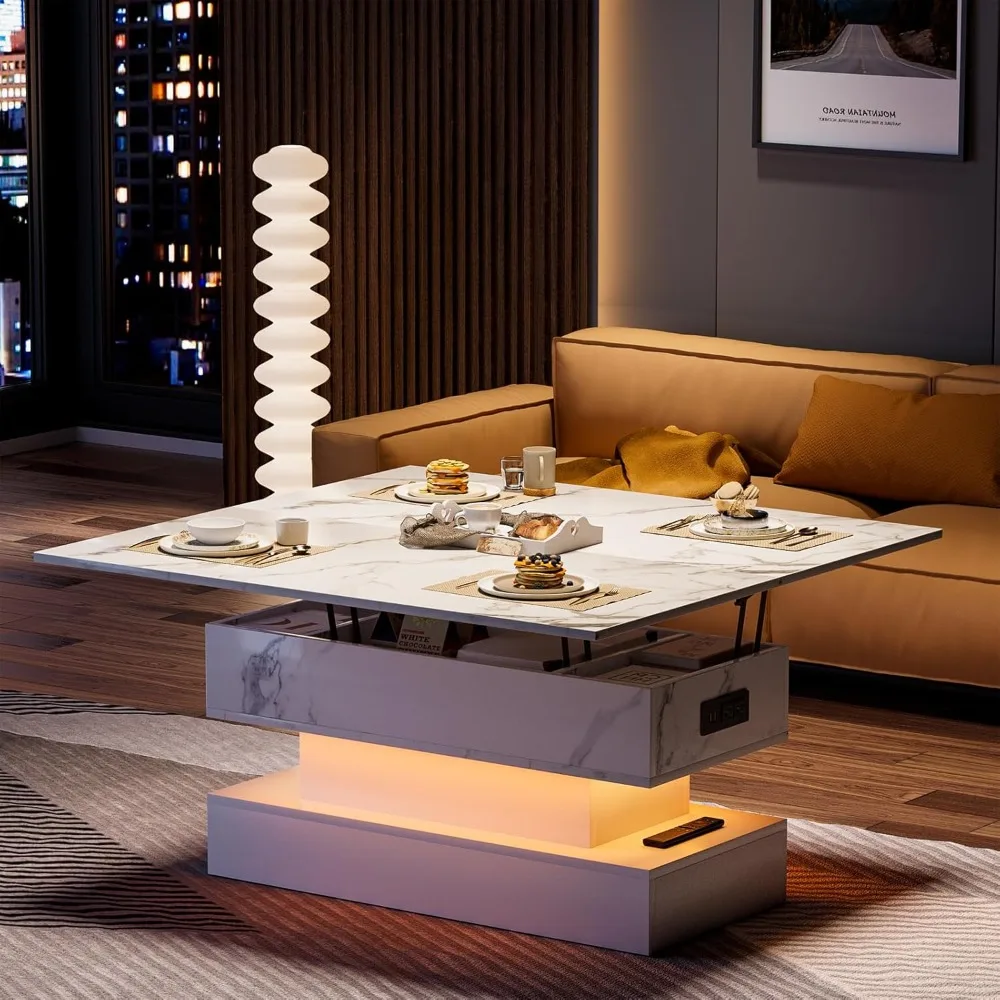 

Lift Top Coffee Table with Charging Station, Modern High Glossy LED Coffee Table with Storage, 3 in 1 Multifunctional Coffee