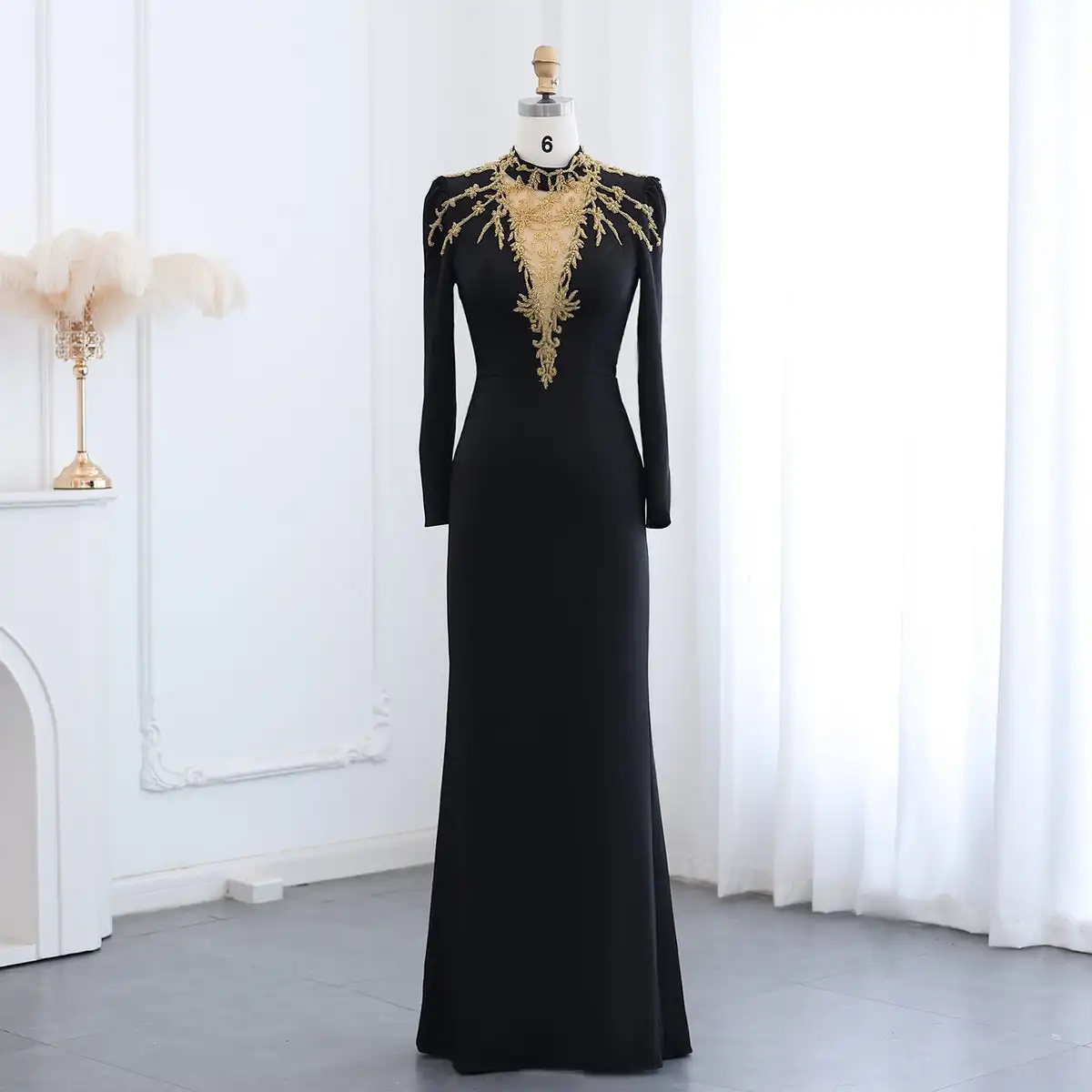 Jancember Elegant High Neck Long Sleeves Arabic Black Evening Dresses Gold Beaded Muslim Dubai Women Formal Party Gowns LSZ217