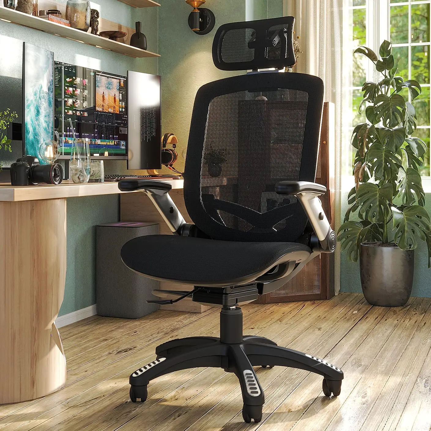 Ergonomic Office Mesh Chair, High-Back Desk Chair with Sliding Seat, Adjustable Flip-up Armrest & 2D Headrest