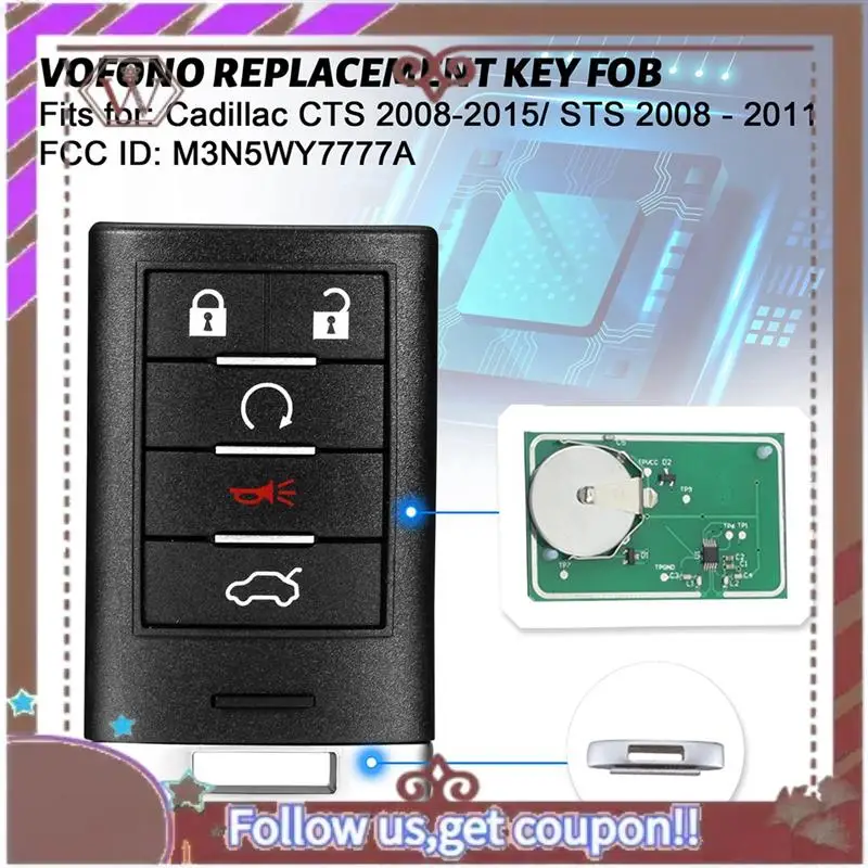 

A57E-запасный пульт дистанционного управления для входа без ключа для Cadillac CTS 2008-2015 STS 2008-2011, брелок M3N5WY77A, 5 кнопок