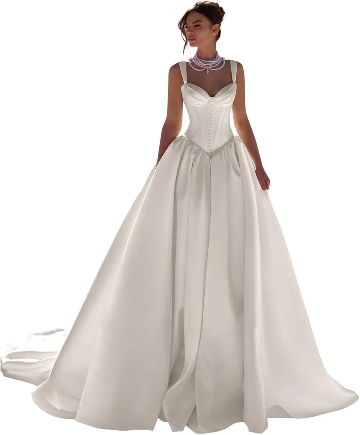 Bride 2025 Women's Spaghetti Strap Satin Wedding Dress A-Line V-Neck Bridal Gown with Train