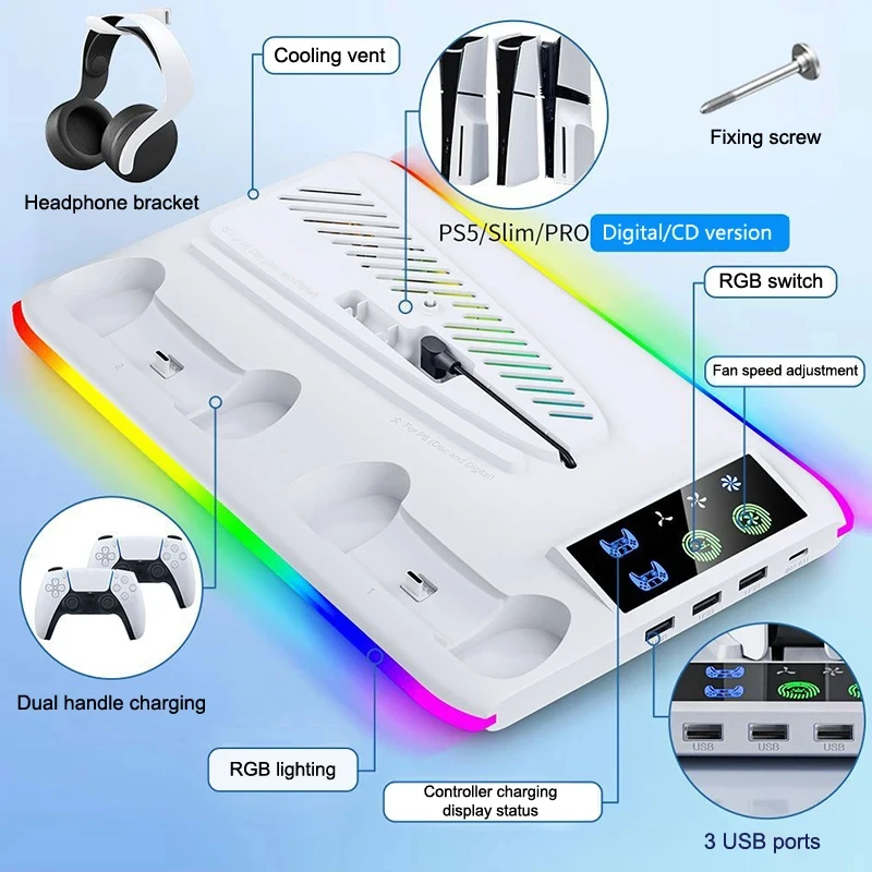 For PS5/PS5 Slim/PS5 Pro Cooling Stand with RGB Lights Controller Charger 3 Speed Fan Dock USB Hub Headphone Hook Gaming Station
