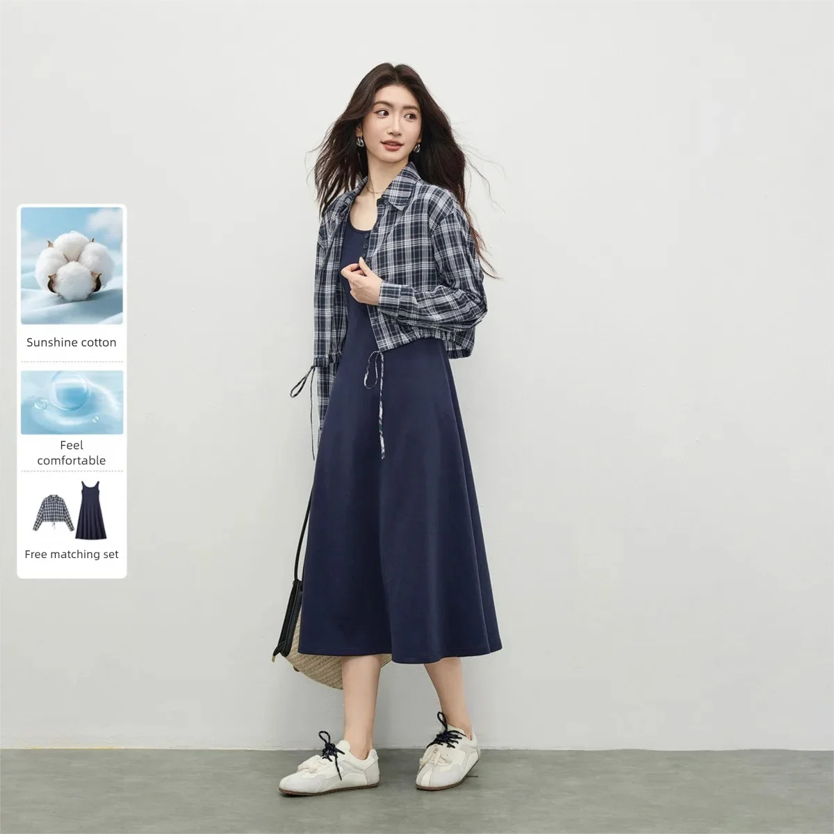 

SENTUBILA Women's Commuter Casual Cotton Set 2026 Spring Blue Slimming Plaid Shirt U Neck Cami Dress Outfits 161ZC6124