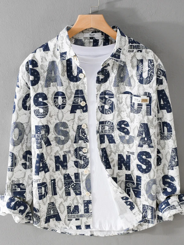 

Pure Cotton Long Sve Printed irt Men's Loose Fit Casual Sle Faionable Outerwear Breathable Comfortable for Daily Wear