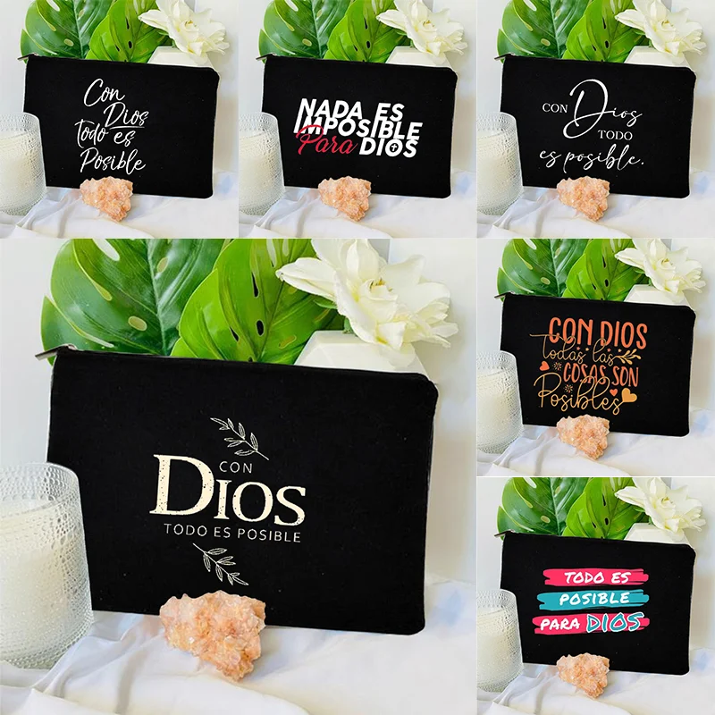 Con Dios Todo Es Posible Spanish Print Makeup Bag Best Religious Inspirational Gifts for Catholic Cosmetic Case Travel Organizer