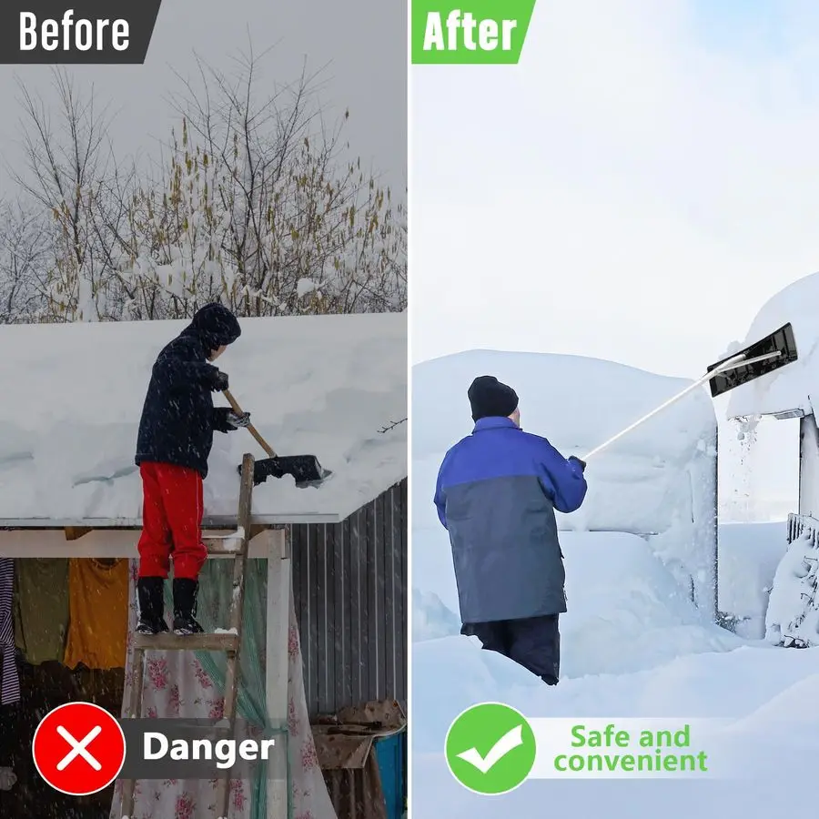 Snow Roof Rake Snow Removal Tool with 5 Section Tubes 25 Inch Blade Adjustable 4.820 ft Reach Aluminum Shovel Rugged Slide for S