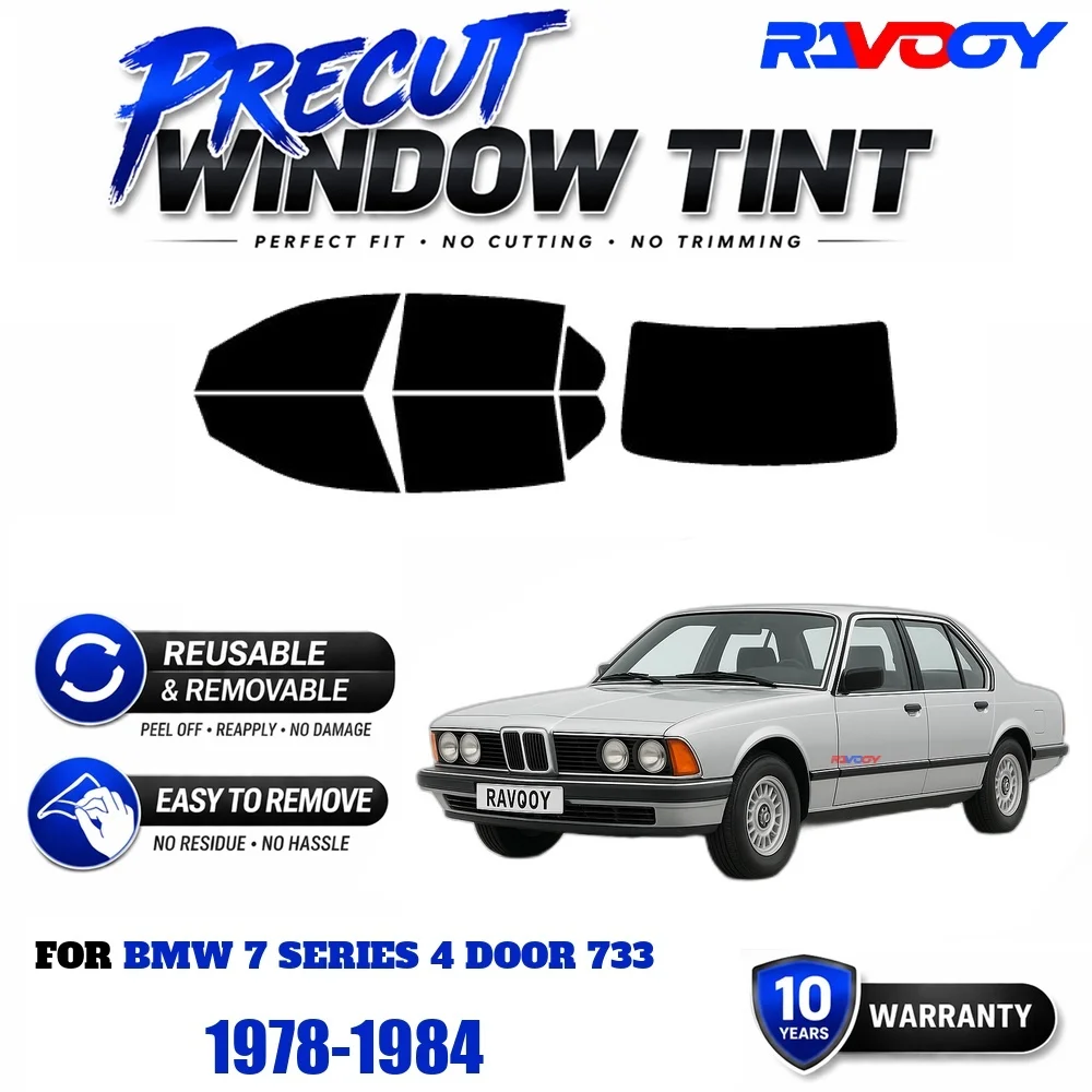 RAVOOY Precut Window Tint, Reusable Removable EPU Film, Custom Fit for Bmw 7 Series 4 Door 733 1978-1984, UV Heat Protection
