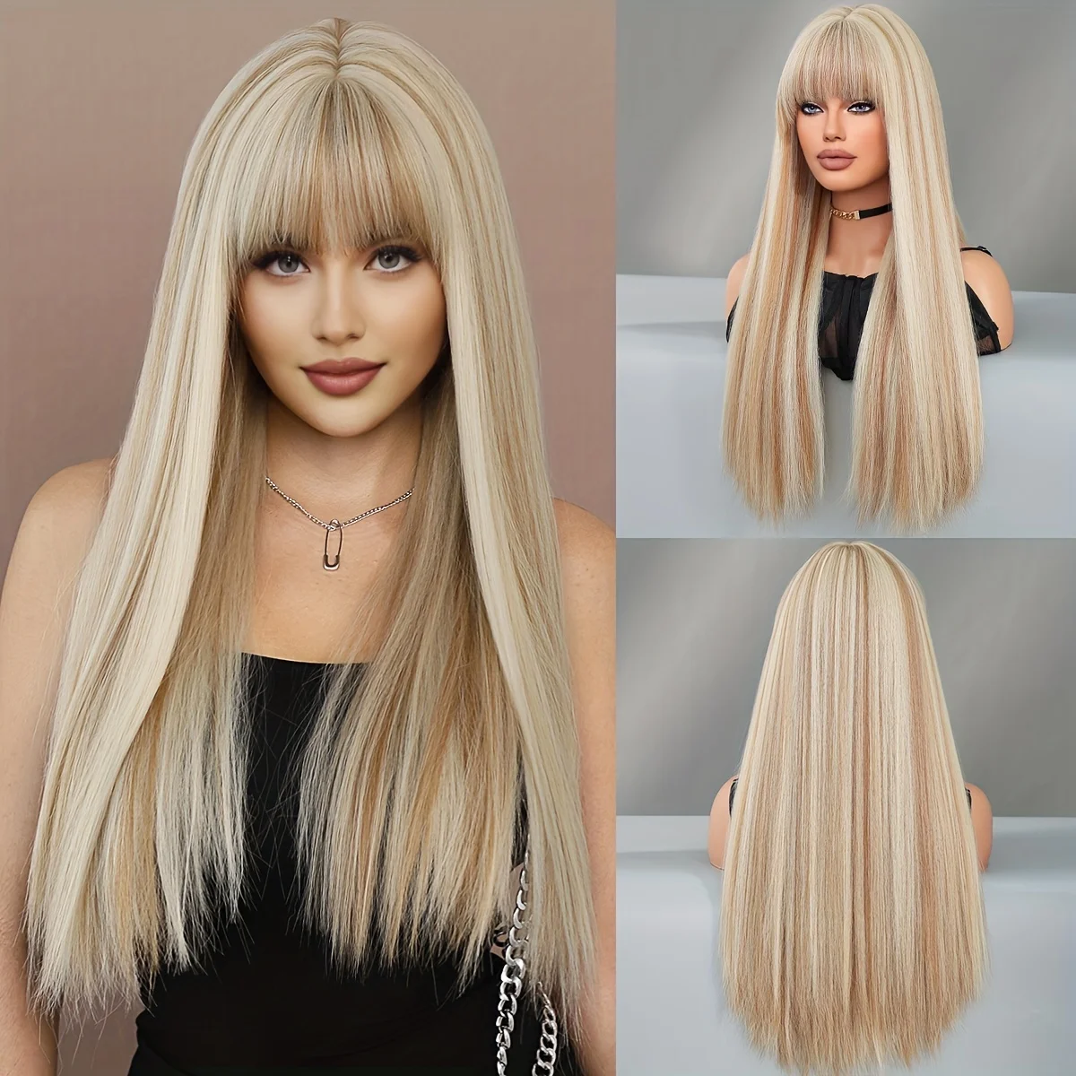 Women's daily party with brown highlights, blonde long straight wig, high-density heat-resistant synthetic wig, 26 inches with