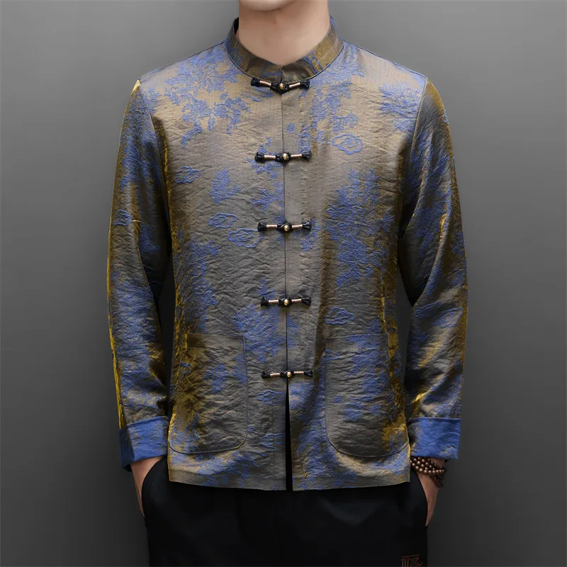 Lyocell 80.1%,Polyamide 19.9% Shirts For Men Long Sleeve Premium Autumn Quality Frog Button Tang Costume Print Camisas De Hombre