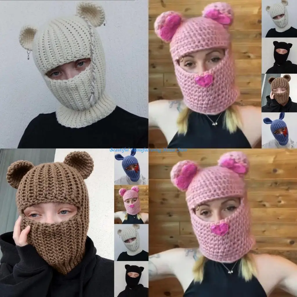 E56A Adult Knitted Neck Guard Hat Teenagers Outdoor Cycling Skiing Hat Lovely Winter Eye Exposed Hat for Teenagers
