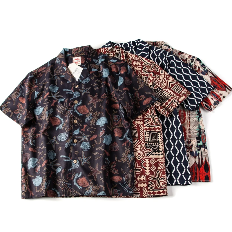 

Vintage Japanese Indigo Bamboo Pattern Cotton Linen irt Casual Summer Hawaiian ort Sve Loose Fit Youth ular Cuban C...