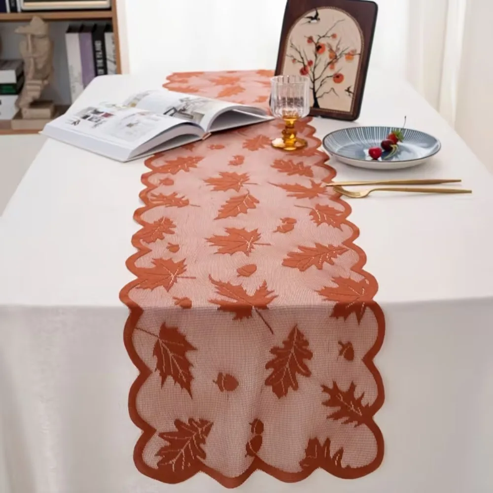 Maple Leaf Pattern Lace Table Runner with Placemats Harvest Thanksgiving Fall Festival Party Rectangular Table Halloween Decor