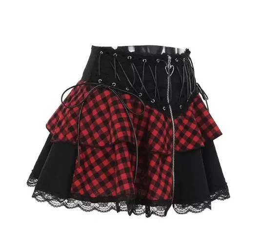 Summer Sexy Girl Personalized Red Black Chic Short Skirt Fashion High Waist A-line Street Zipper Plaid Lace Splicing Skirts