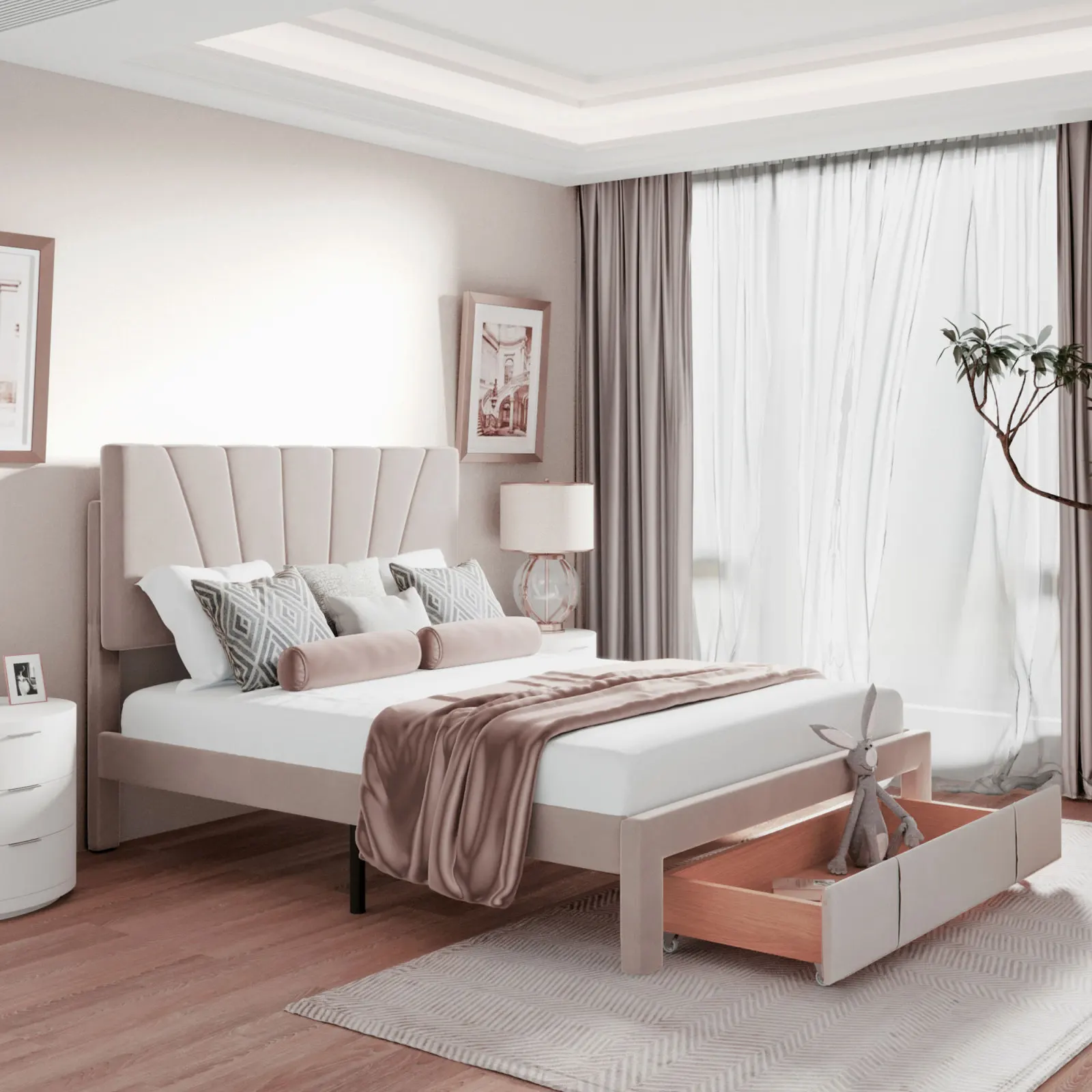 Cama tapizada Rosahqnda de 140x200 cm, cama doble con somier, respaldo y cajón grande, franela de terciopelo (sin colchón)