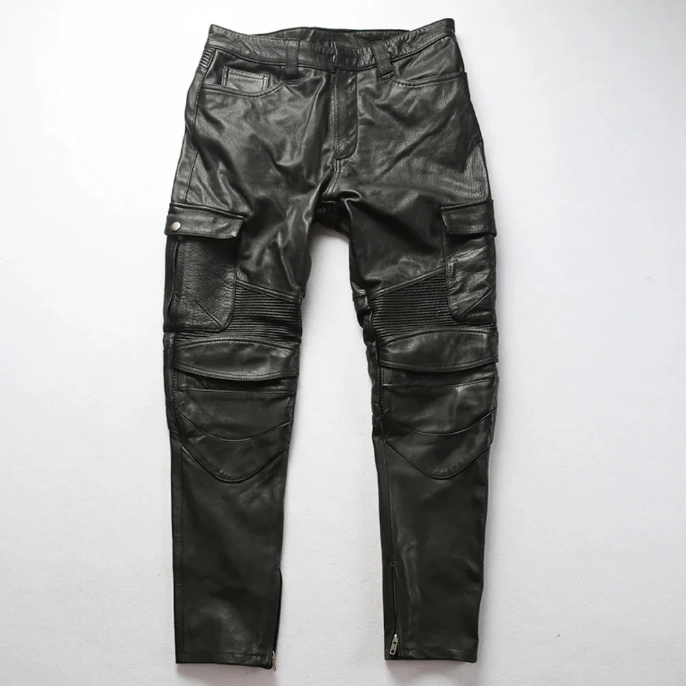 Motorcycle Vintage Biker Pants Genuine Cowhide Trousers Men Leather Pant RidingThick Asian Size 5XL