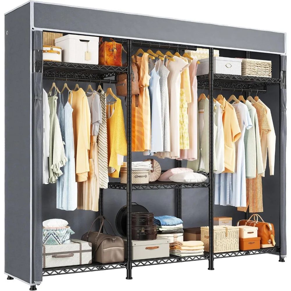 Heavy Duty Portable Closet with Cover, 3 Rods and 9 Shelves for Space Saving Storage in Bedrooms and Dorms