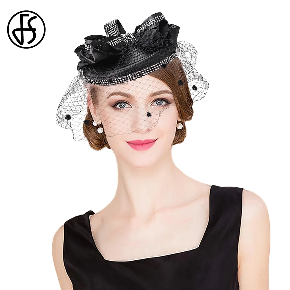 FS 2024 Fascinator Top Hat For Woman With Bow Veil Elegant Wedding Church Kentucky Derby Cap Luxury Cocktail Party Headdress