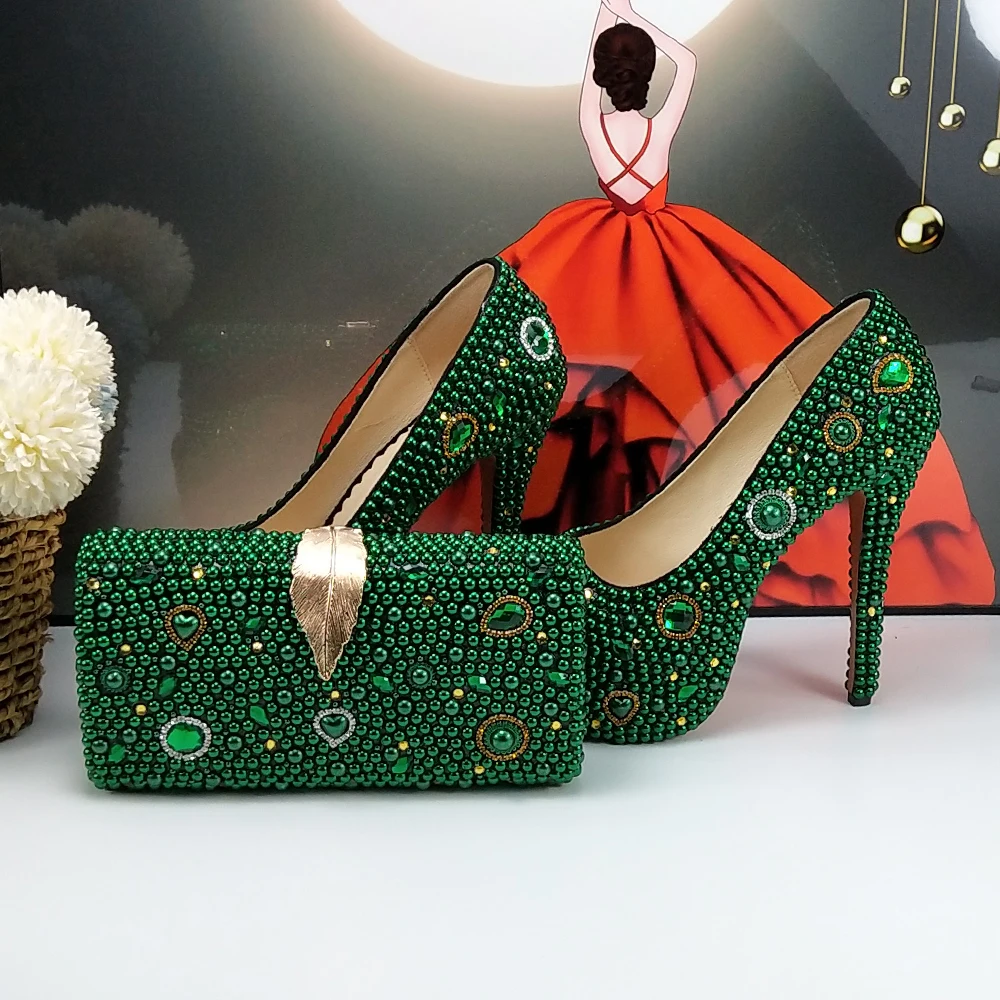 Green Pearl crystal Bridals Wedding shoes with matching bags Rhinestone Round Toe high heels party dress shoes Woman High Pumps