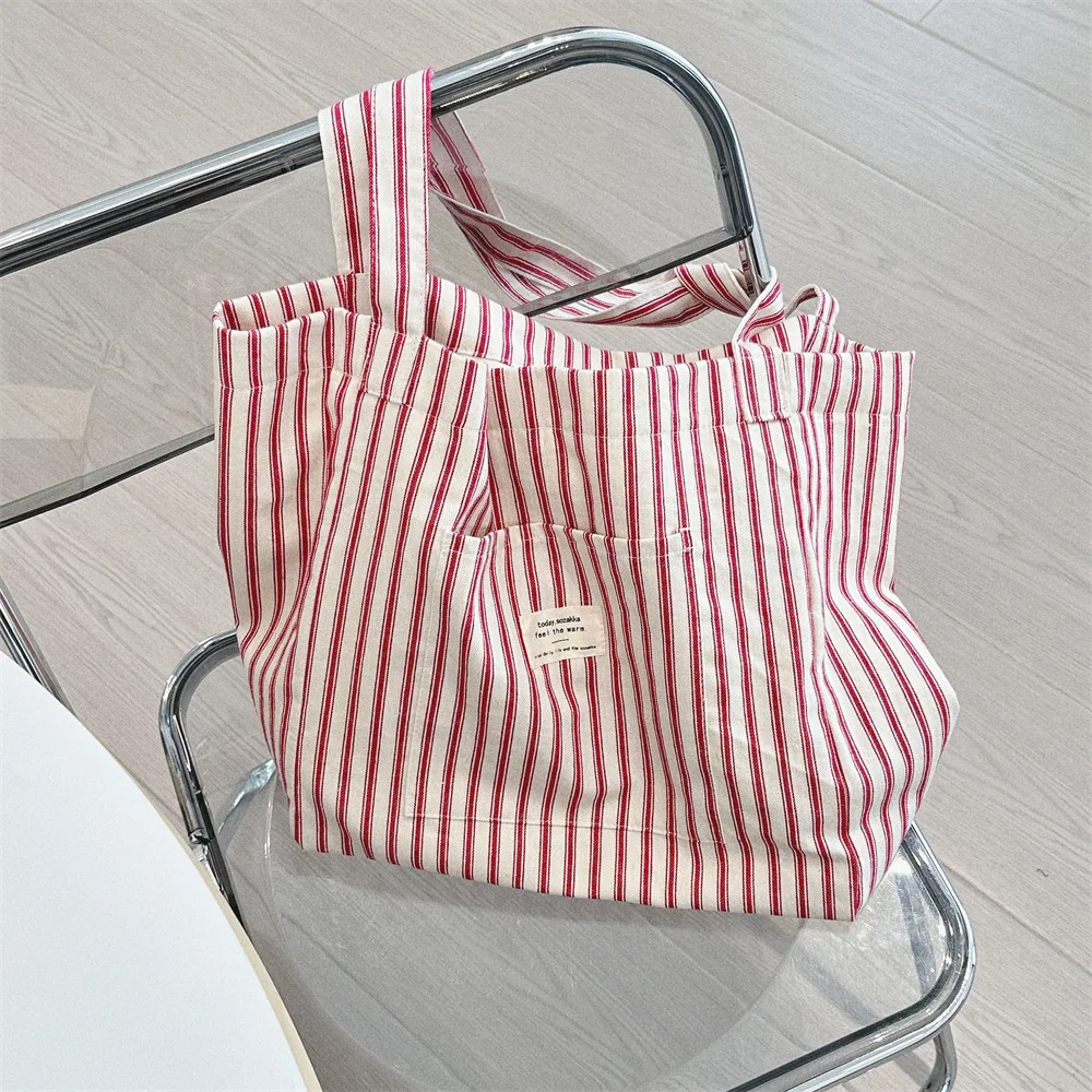 Vintage Gestreifte Damen Umhängetaschen Große Kapazität Weibliche Wiederverwendbare Einkaufstasche Leinwand Schule Mädchen Buch Tote Handtaschen – Detail 6