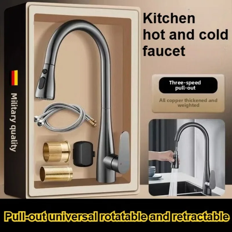 Installation of All-Copper Kitchen Hot and Cold Faucets Pull-Out Universal Rotatable Retractable Sink Special Vegetable Basin