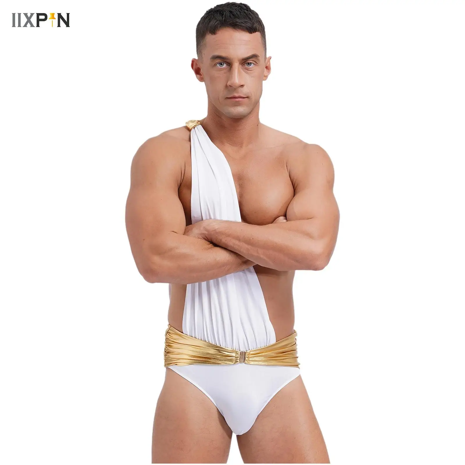 

Men's Halloween Roman Mr. Toga Costume One Shoulder Metallic Belt Briefs Ancient Greek Bodysuits Theme Party Cupid Fancy Dress
