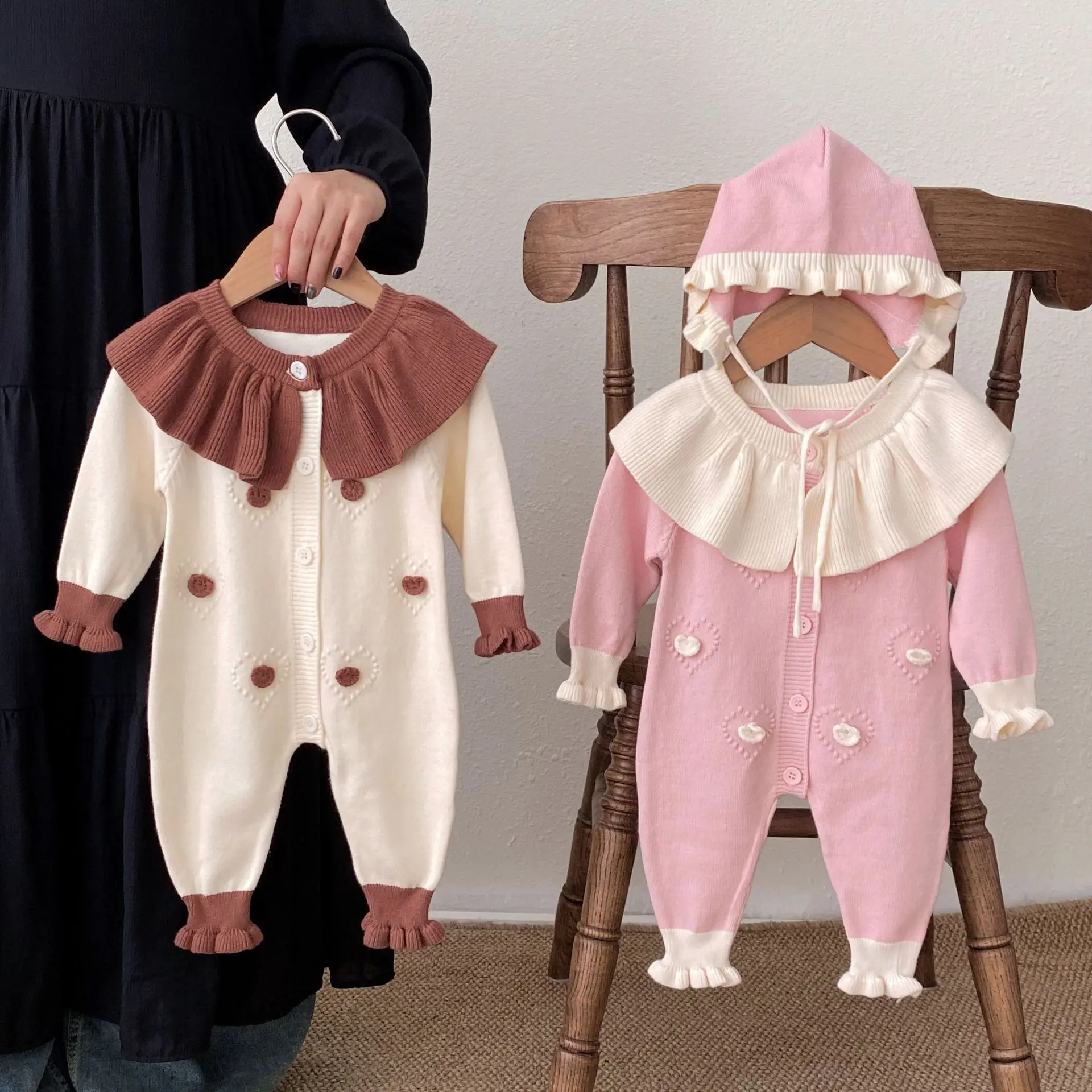

2025 Autumn New Baby Long Sleeve Knitted Romper Cotton Infant Girl Cute Lapel Princess Jumpsuit + Hat Toddler Clothes 0-24M