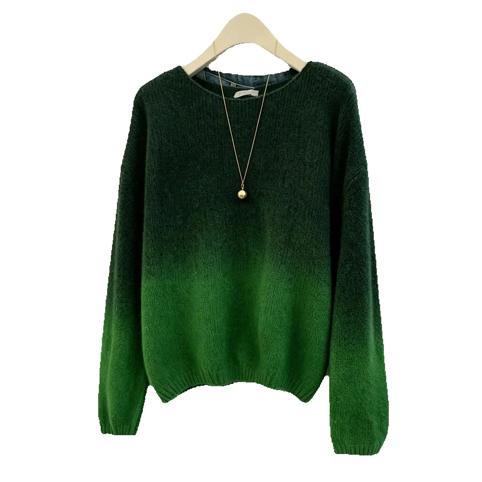 Gradient Green Women' Sweater Autumn Winter New Korean Style Lazy Style Temperament Tops Vintage Casual Loose O-neck Coat