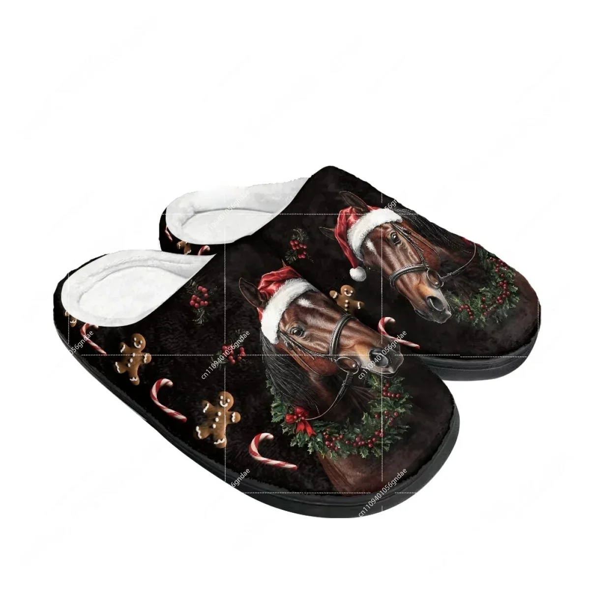 Pantuflas de algodón personalizadas para el hogar, con diseño navideño de caballo, corona, galleta de jengibre y bastón de caramelo, de felpa, para hombre, mujer y adolescente, para dormitorio, que mantienen el calor