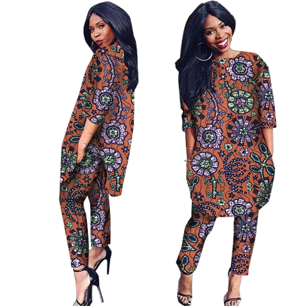African Clothes Two Pieces Set Threee Quarter Sleeve Outwear Women Shirt Dress and Long Pants with Pocket Plus Size 6XL WY1091
