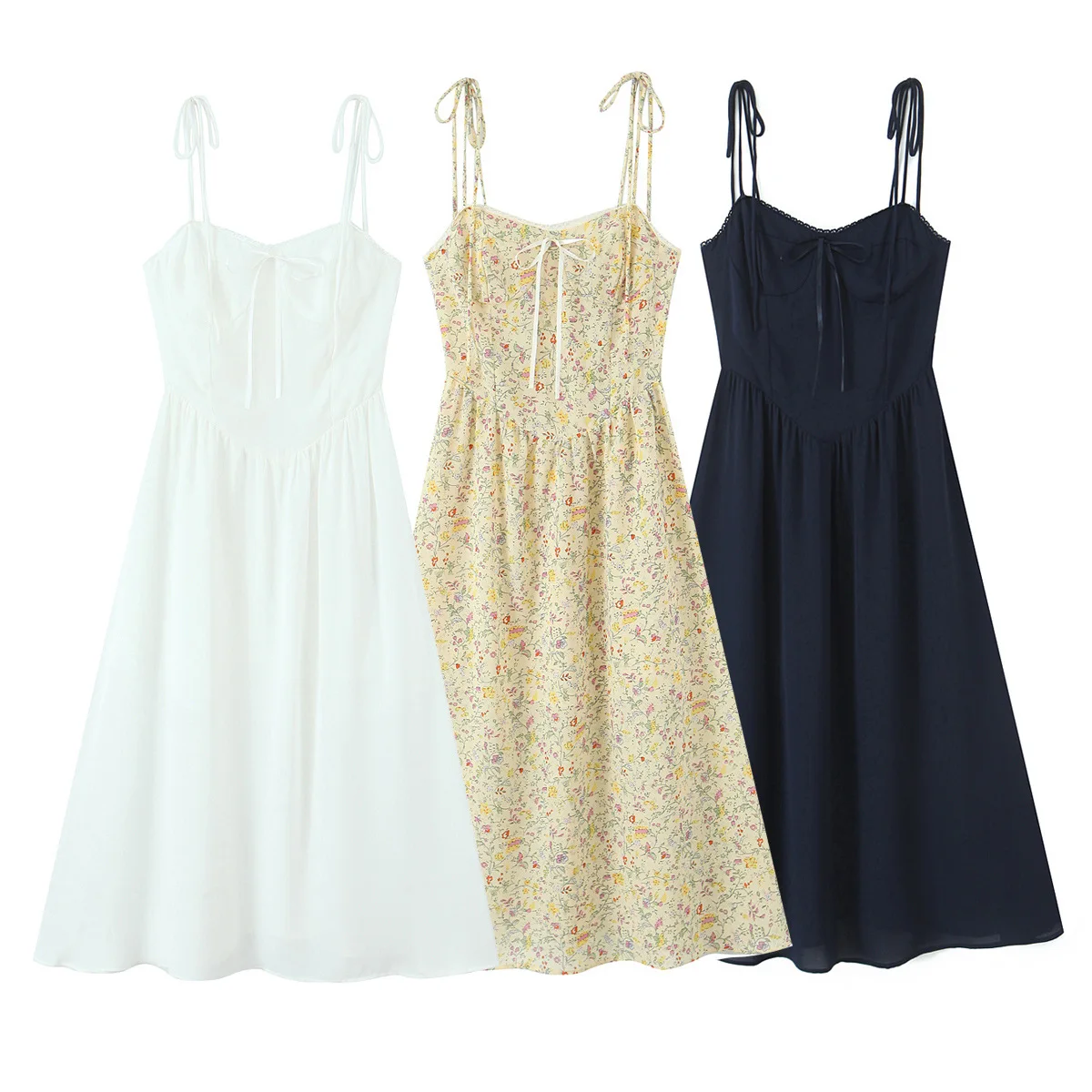 Vestido con tirantes de mariposa y cordones con empalme de encaje y cuello nuevo