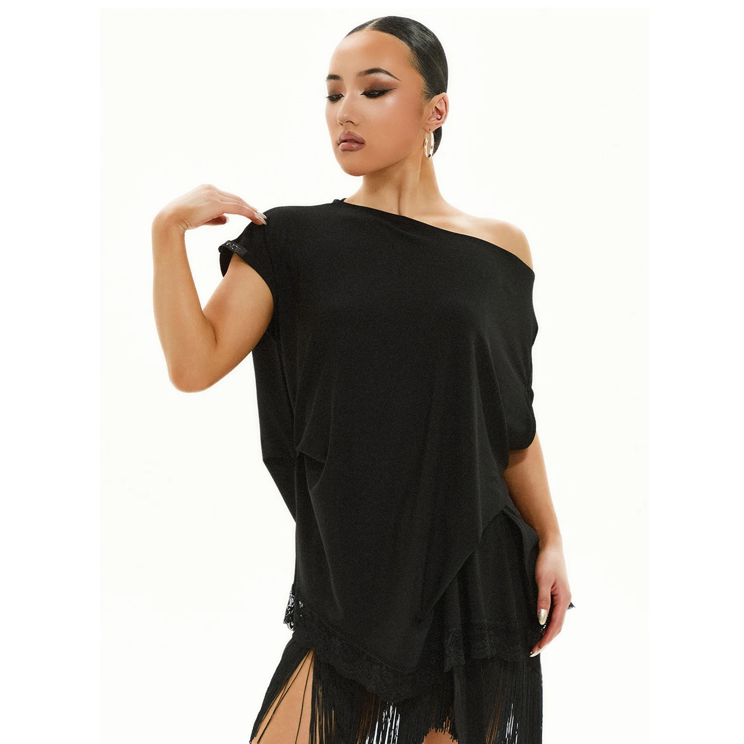 2025 épaule inclinée lâche Latin haut de danse femmes dentelle irrégulière Laeopard noir hauts Rumba Samba danse factice vêtements DNV23308