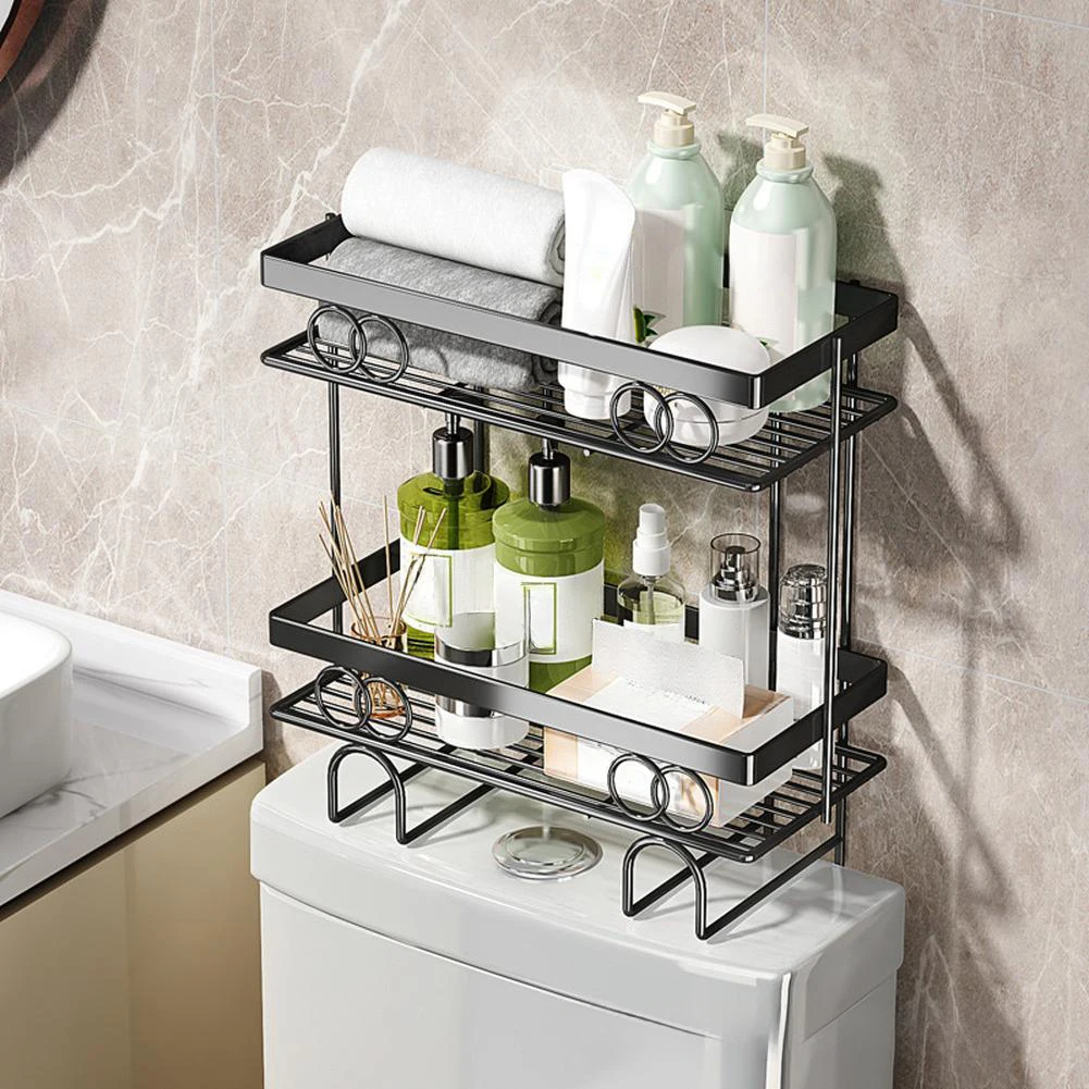 Over Toilet Storage Shelf Bathroom Storage Organizer With No Drill Adhesive Hook Metal Punch-Free Toilet Tank Organizer Rack