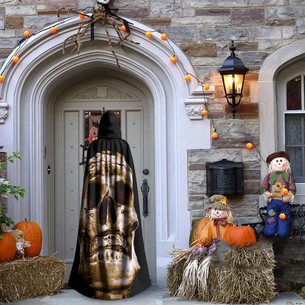 رئيس الإنسان هالوين الهيكل العظمي الجمجمة طويلة مقنعين عباءة الساحرة القرون الوسطى زي تأثيري كيب HalloweenParty الكبار للجنسين