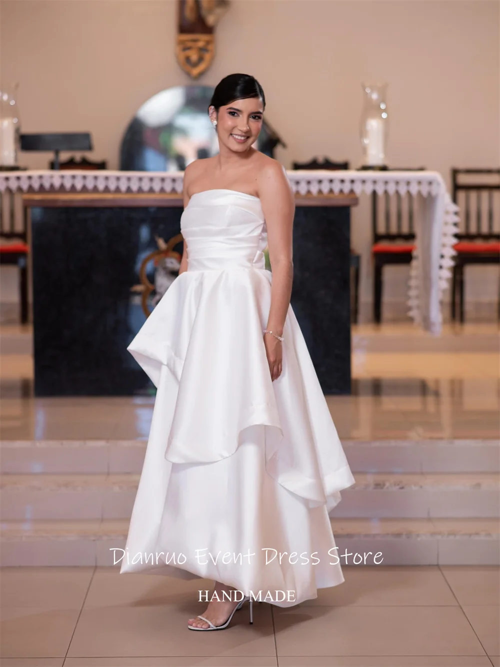 Dianruo Asymmetrisches A-Linien-Hochzeitskleid, minimalistisch, schick, Vestido De Noiva, glamouröses, trägerloses, gerafftes Abendkleid, individuell gestaltet