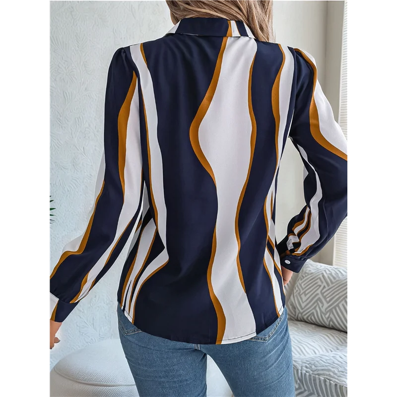 

AG-Women's 2025 Casual All-Match Contrast Color Striped Suit Collar Long-Sleeved Shirt Tops