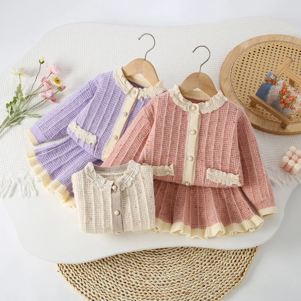 

Girls Dress Clothes Sets Spring Autumn Children Woolen Jersey Sweaters Coats Skirts Kids Princess Suit For Baby Knitted Outfits
