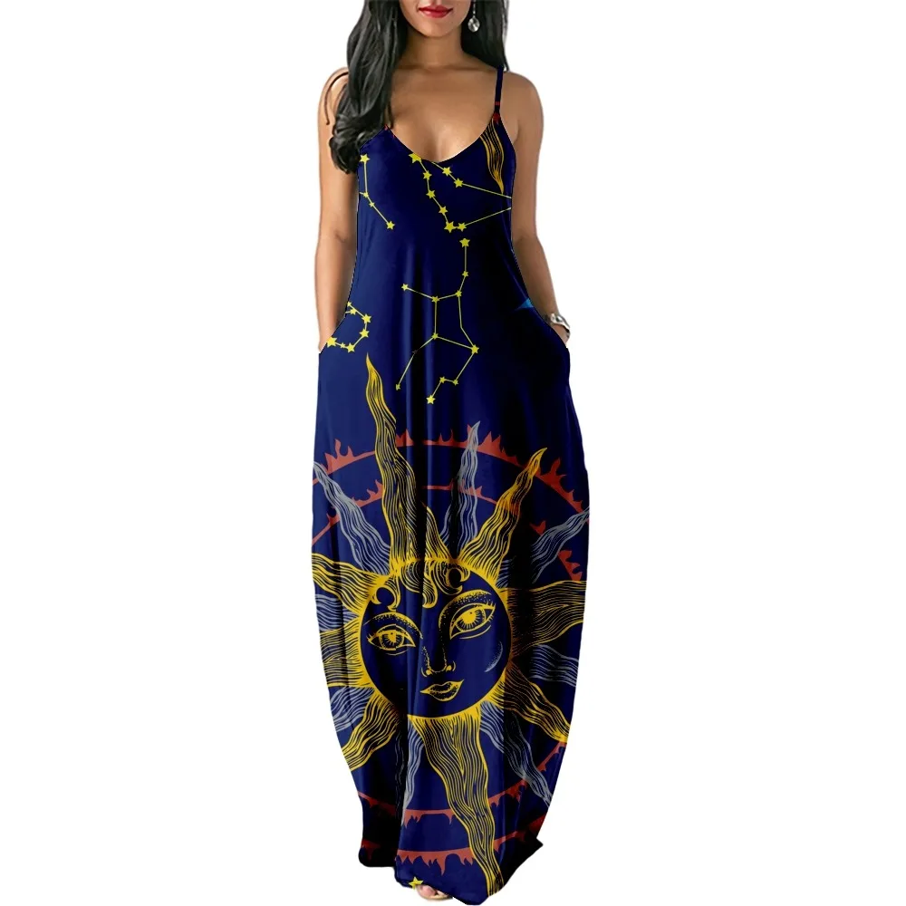 

Sun and Moon Print Women Casual Short Sleeve Dress Loose Long Double Pocket Beach Resort -Woman Dress