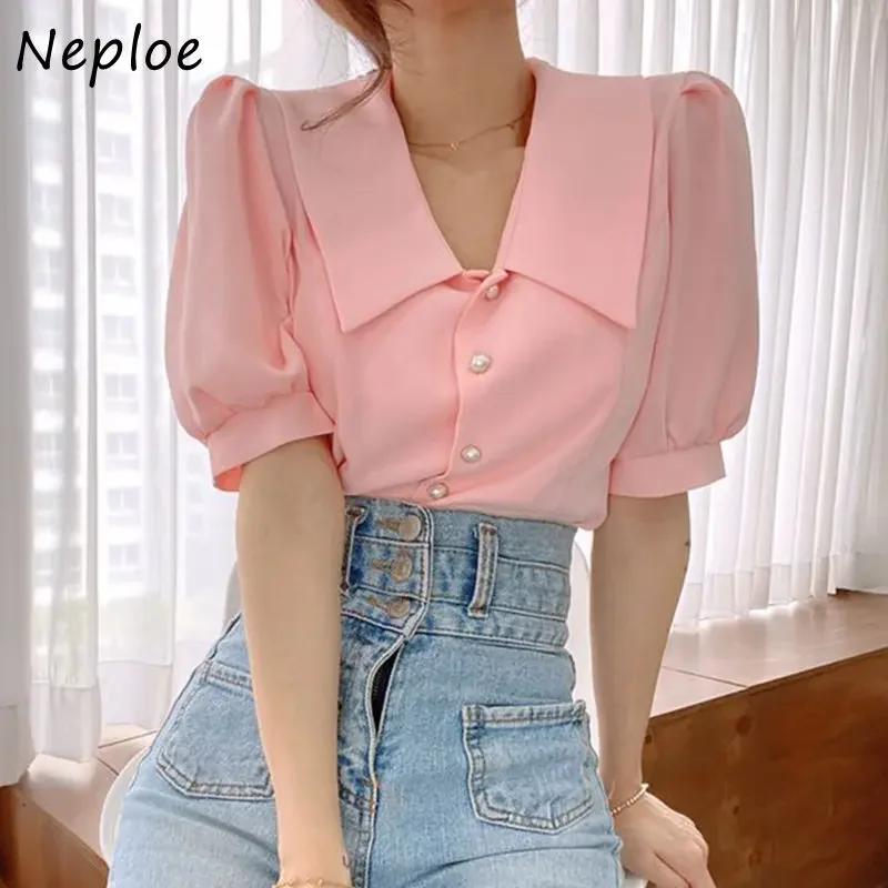 Neploe Korean Chic Sweet Temperament Blusas 2024 Summer Lapel Neck Pearl Button Blouses Femme Niche Sweet Puff Sleeve Shirt