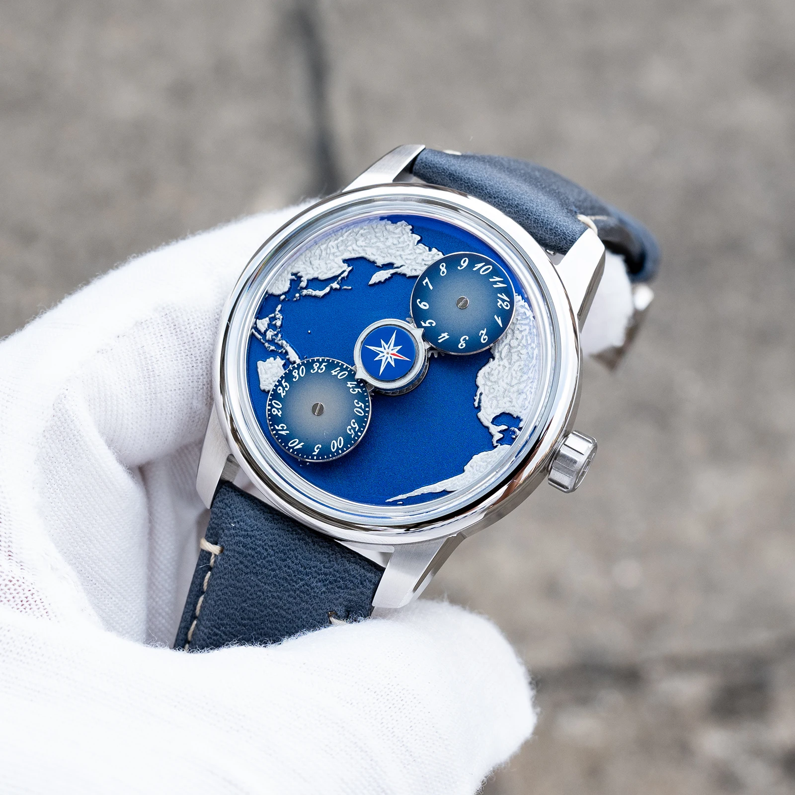OBLVLO Luxury Brand Men's Earth Dial with Wheels Automatic Watch Designer Analog Blue Leather Strap Mechanical Watches JM-EARTH
