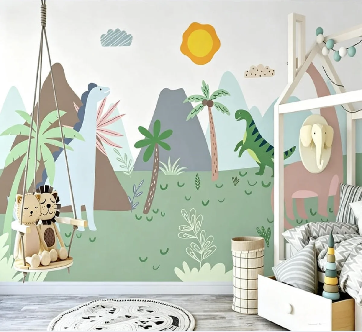 Customized Nordic cartoon wallpaper hand-painted dinosaur forest animal children's room background wall decoration 3d wallpaper