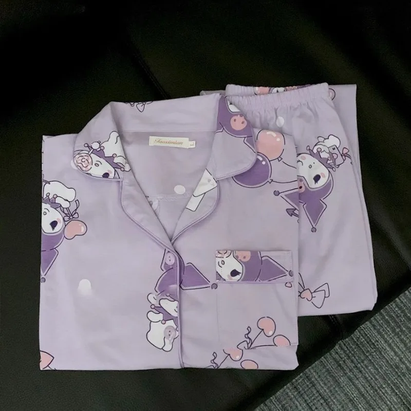 Purple Kuromi Cotton Pajamas for Girls Spring and Autumn Long-sleeved Trousers Cartoon Cute Ins Style Warm Cozy Home Clothes Set