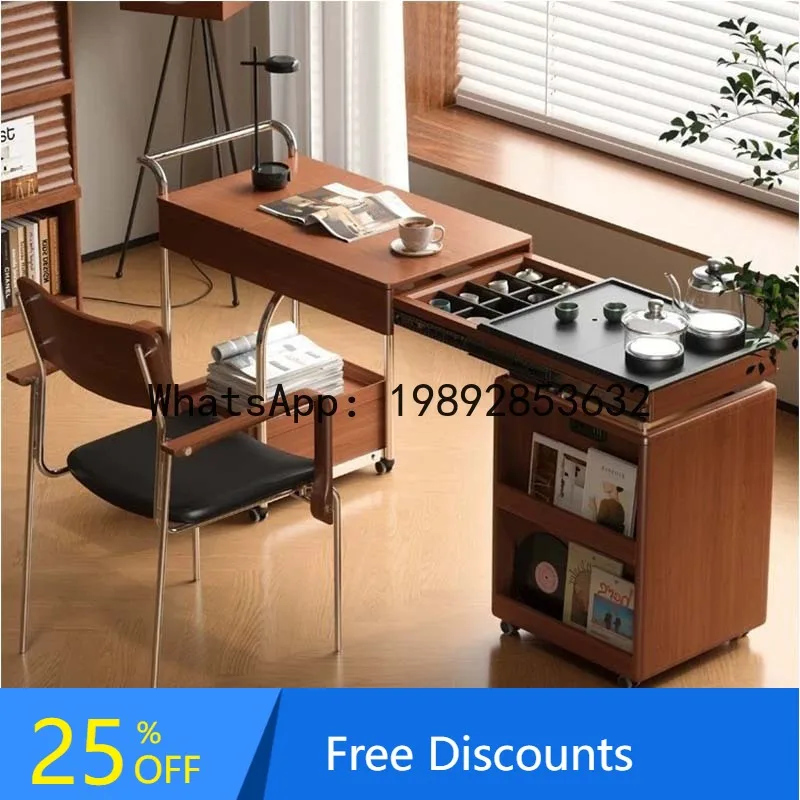 

YFY Mobile Solid Wood Tea Table Desk Integrated Movable Extendable Tea Table Multifunctional Trolley Small Apartment