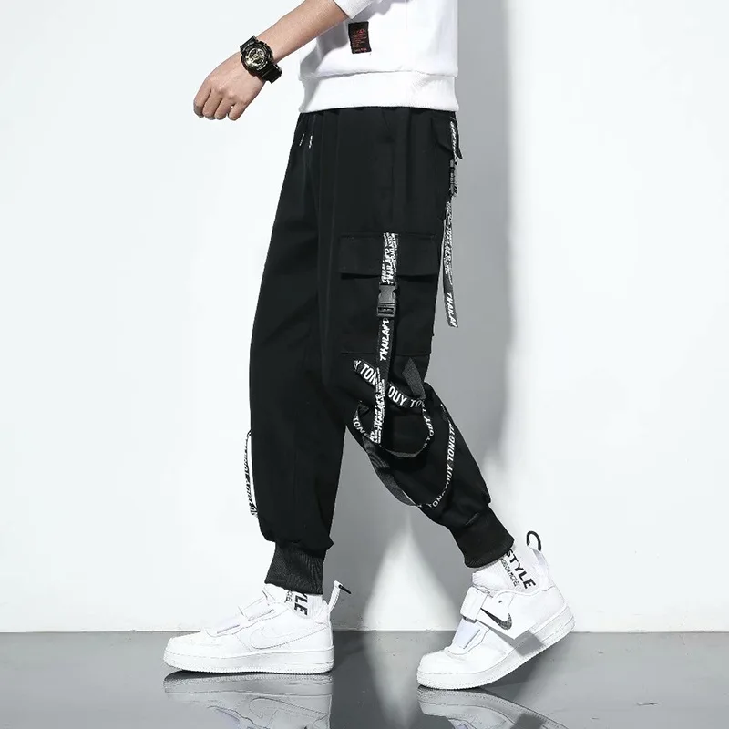 

Black Cargo Pants Men Joggers Trousers Exquisite Men Jogging Relaxed Charm Streetwear Hippie Techwear Gothic Ribbon Pants