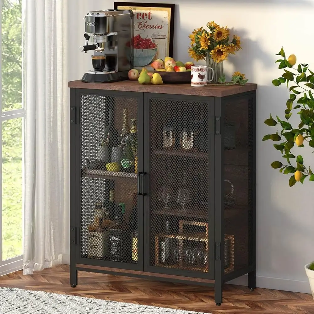 Coffee Bar Cabinet For Liquor, Small Storage Cabinet For Home Kitchen, Farmhouse Buffet Sideboard Console Table, Industrial